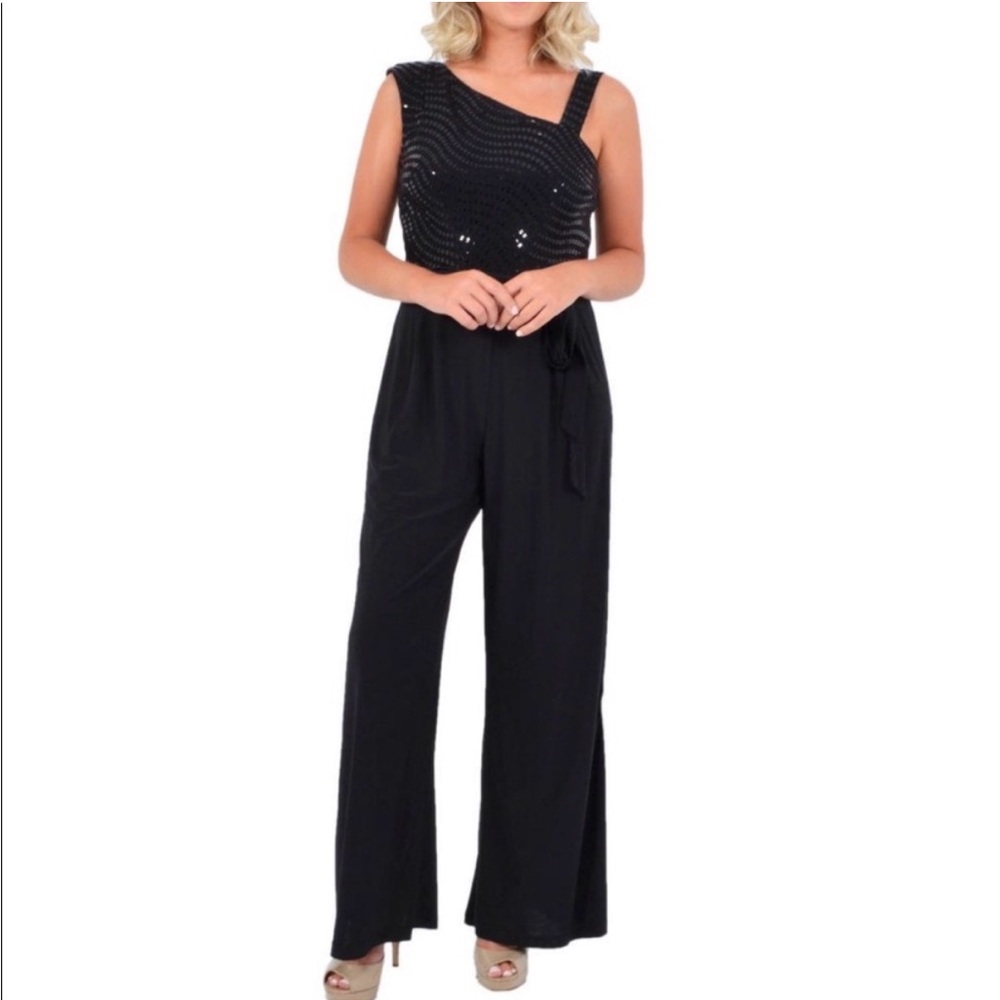 Black One-Shoulder Sequin Wide Leg Jumpsuit